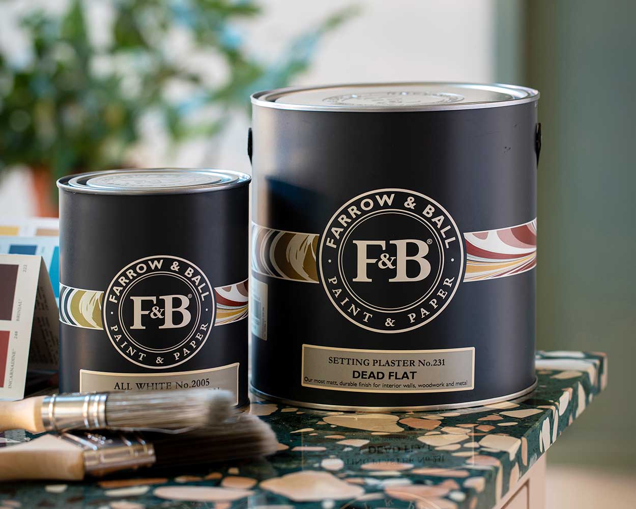 2 Eimer mit Dead Flat Wandfarbe von Farrow & Ball