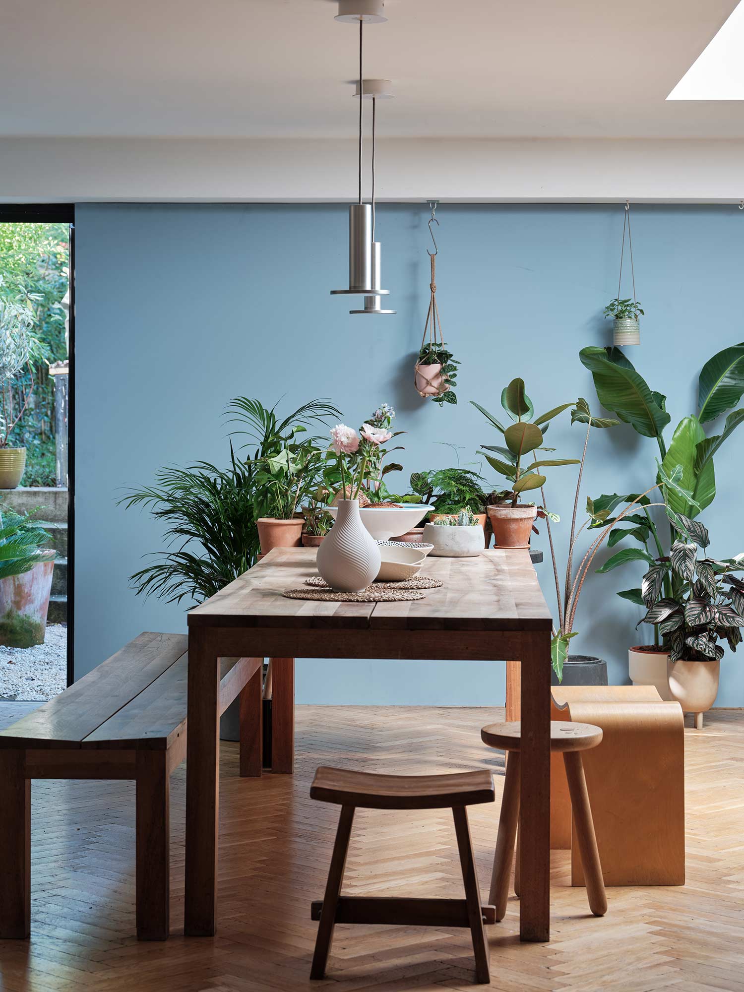 Esszimmer mit Lulworth Blue No. 89 von Farrow und Ball. Frisches Mittelblau an den Wänden mit Holztisch und üppigen Zimmerpflanzen.