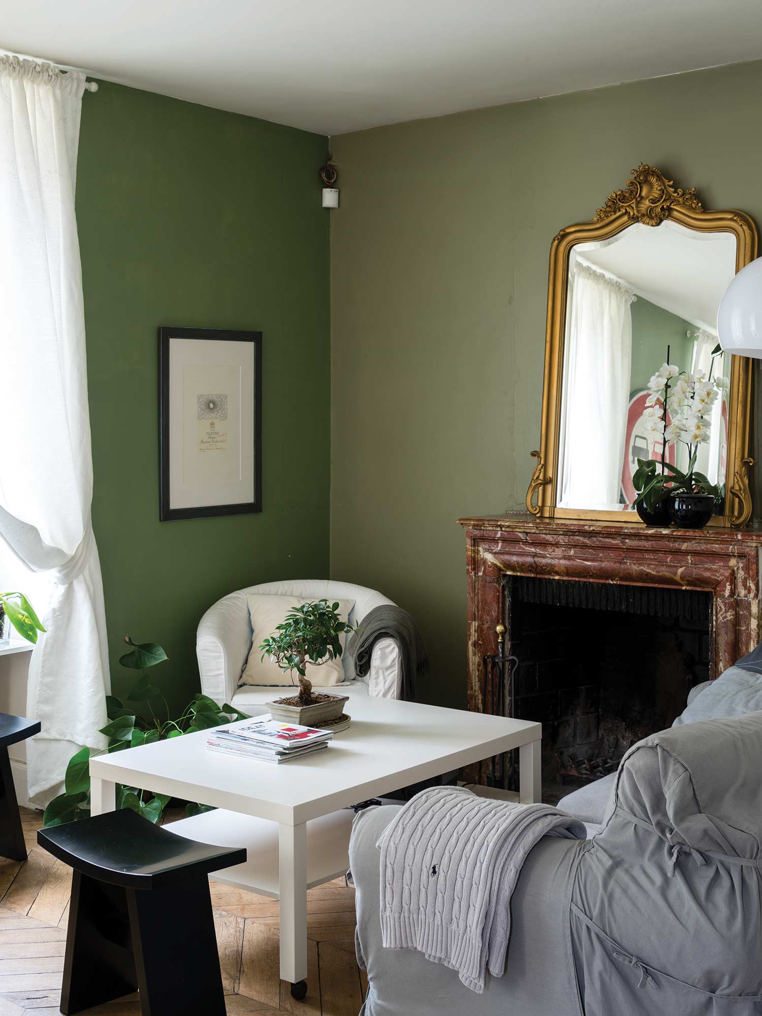 Wohnzimmer mit Lichen No. 19 von Farrow and Ball. Gedämpftes Grün mit blauen Untertönen an den Wänden.