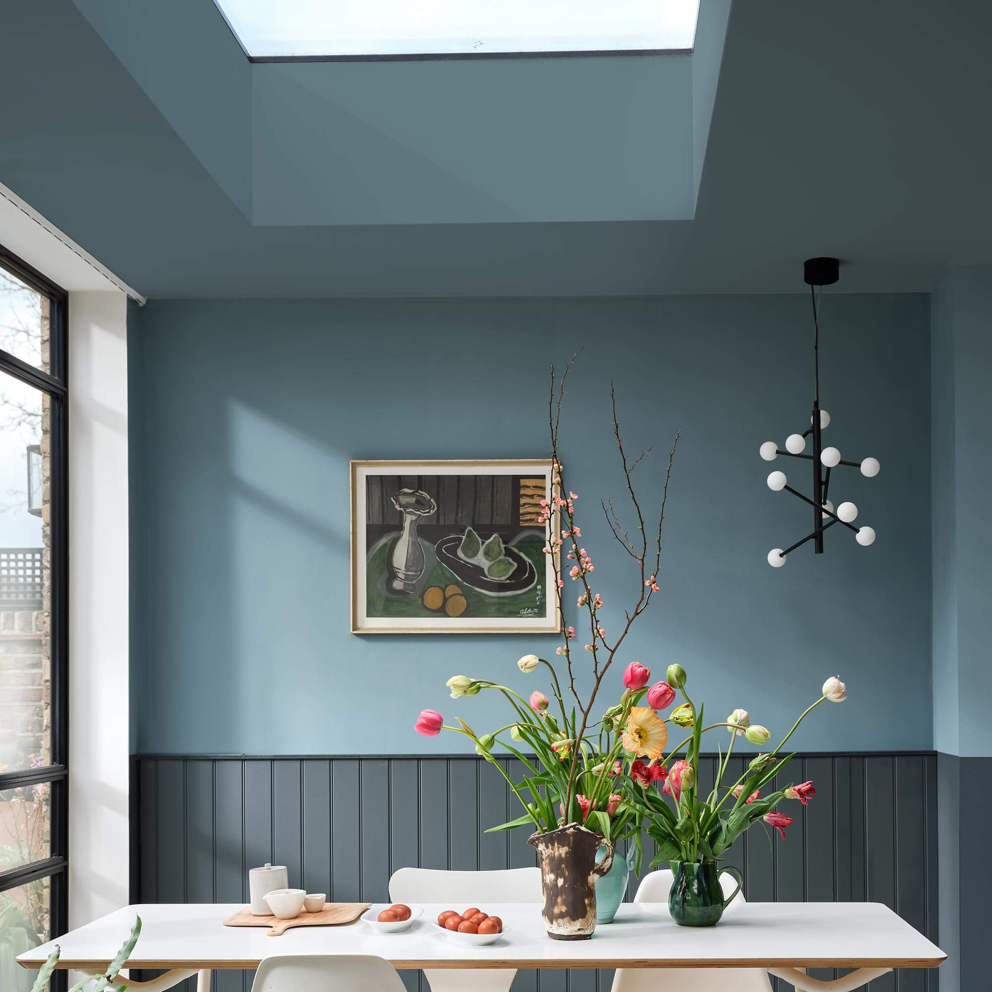 farrow & ball selvedge 306 als wandfarbe im esszimmer